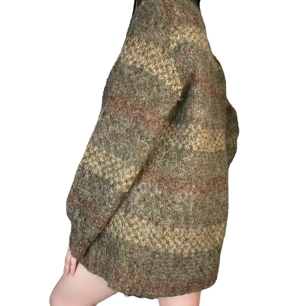 VINTAGE Mohair Blend Union Made Earthy Tone Cardigan Sweater Fairy Grunge Large - Picture 3 of 10